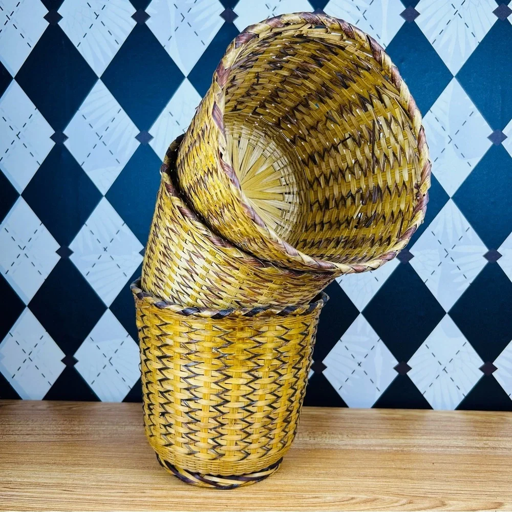 Vintage Woven Basket Set of 3‎ Primitive Natural Reed Set Rustic Traditional